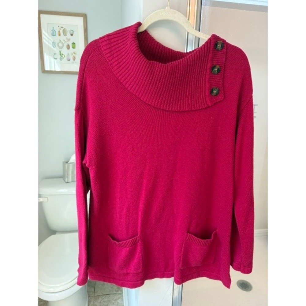 Chicos Magenta Pink Button Cowl Neck Sweater Womens Size 2 L Cotton Blend Knit